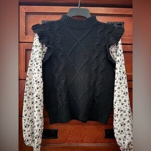 Black Cable Knit Sweater with Floral Sleeves
